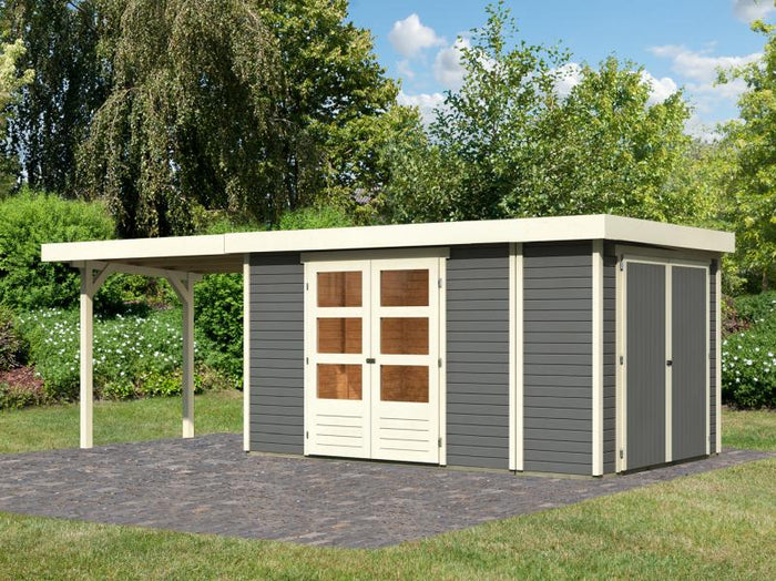Karibu Gartenhaus Retola 6 mit Anbaudach 2,80 Meter, terragrau