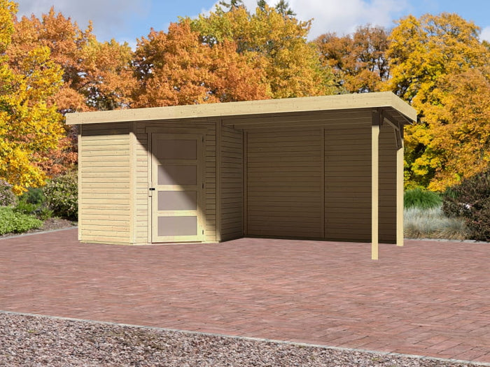 Karibu Gartenhaus Schwandorf 3 natur mit Anbaudach 2,8 m inkl. Rückwand