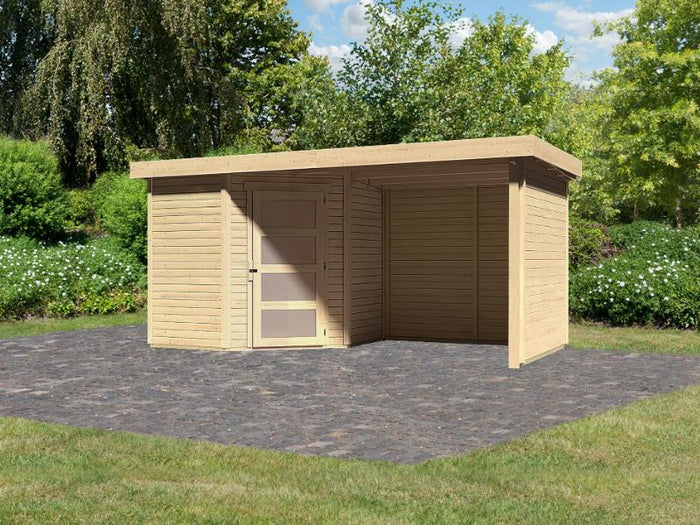 Karibu Gartenhaus Schwandorf 3 natur mit Anbaudach 2,25 Meter, Seiten- und Rückwand