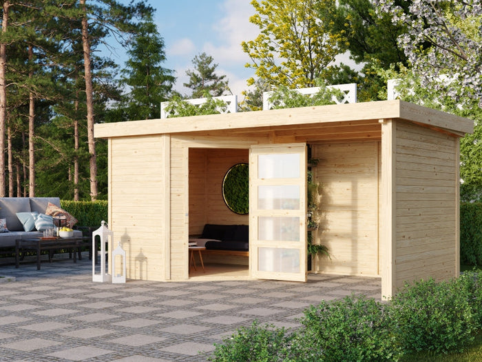 Karibu Gartenhaus Schwandorf 3 natur mit Anbaudach 2,25 Meter, Seiten- und Rückwand