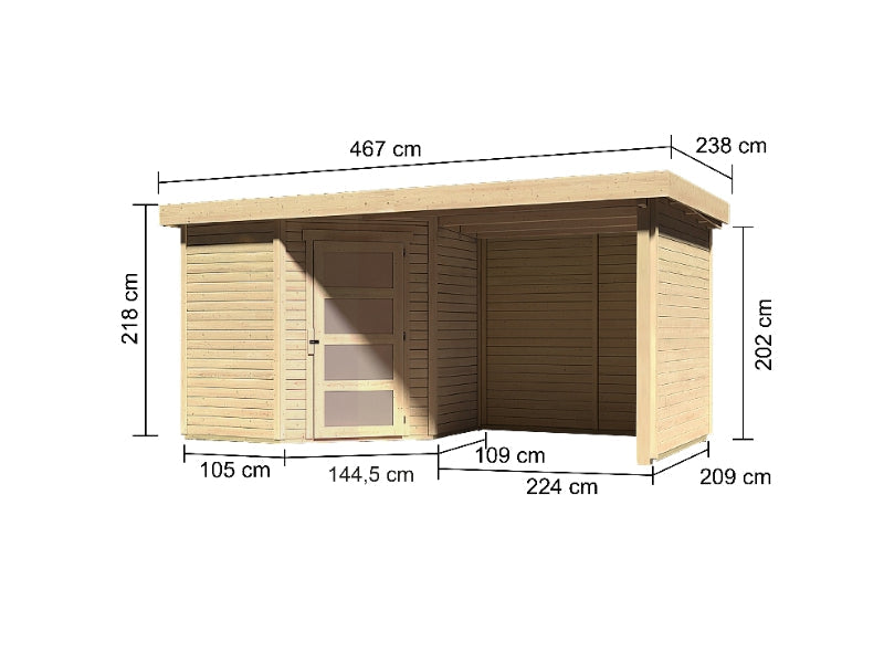 Karibu Gartenhaus Schwandorf 3 natur mit Anbaudach 2,25 Meter, Seiten- und Rückwand