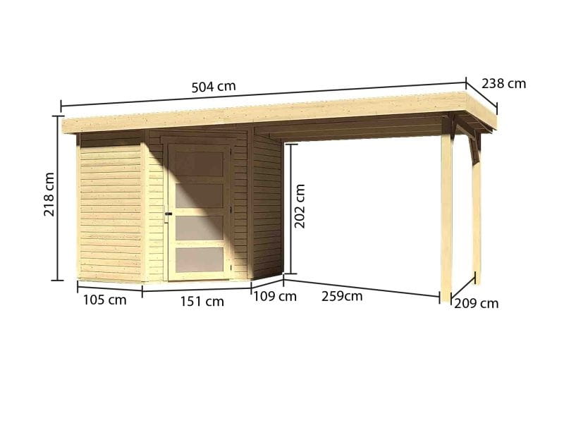 Karibu Gartenhaus Schwandorf 3 natur mit Anbaudach 2,75 Meter