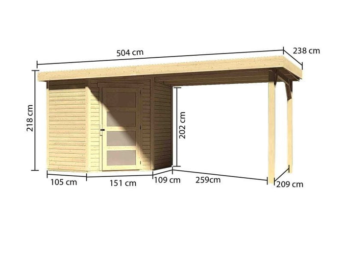 Karibu Gartenhaus Schwandorf 3 natur mit Anbaudach 2,75 Meter