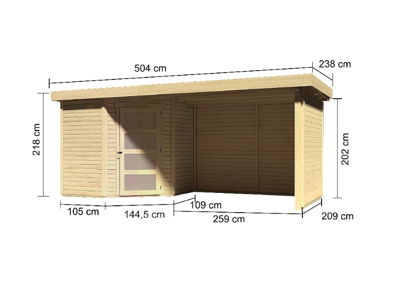Karibu Gartenhaus Schwandorf 3 natur mit Anbaudach 2,75 Meter, Seiten- und Rückwand