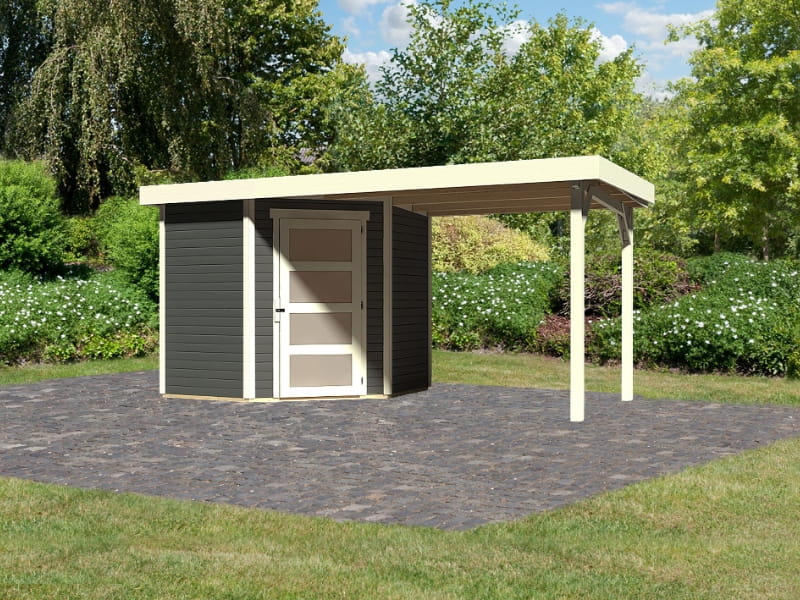 Karibu Gartenhaus Schwandorf 3 terragrau mit Anbaudach 2,25 Meter