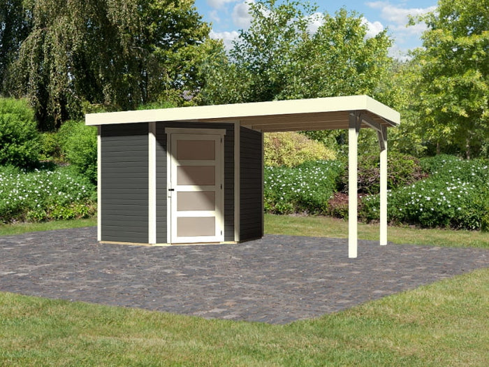 Karibu Gartenhaus Schwandorf 3 terragrau mit Anbaudach 2,25 Meter