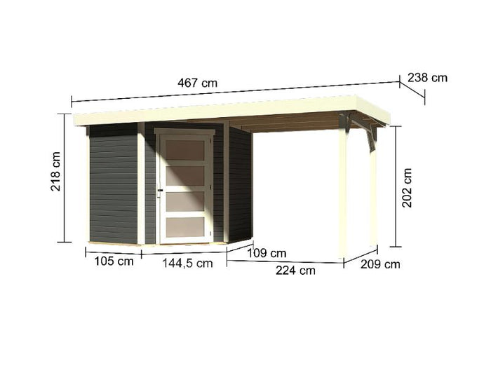 Karibu Gartenhaus Schwandorf 3 terragrau mit Anbaudach 2,25 Meter