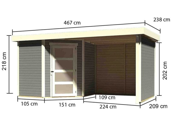 Karibu Gartenhaus Schwandorf 3 terragrau mit Anbaudach 2,40 Meter, Seiten- und Rückwand