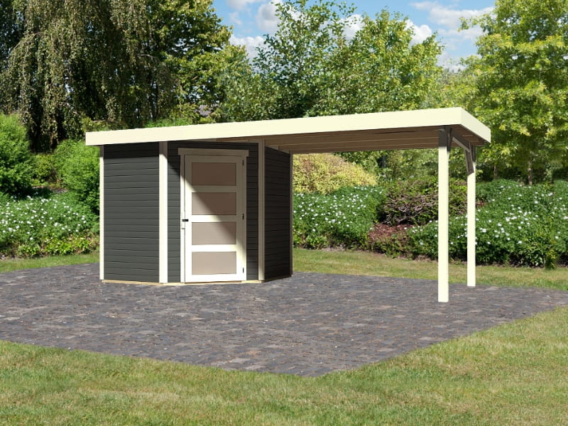 Karibu Gartenhaus Schwandorf 3 terragrau mit Anbaudach 2,80 Meter