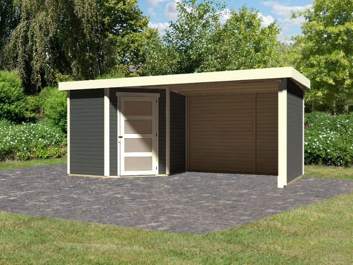 Karibu Gartenhaus Schwandorf 3 terragrau mit Anbaudach 2,75 Meter, Seiten- und Rückwand