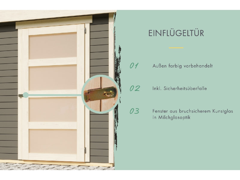 Karibu Gartenhaus Schwandorf 3 terragrau mit Anbaudach 2,4 m, Rückwand
