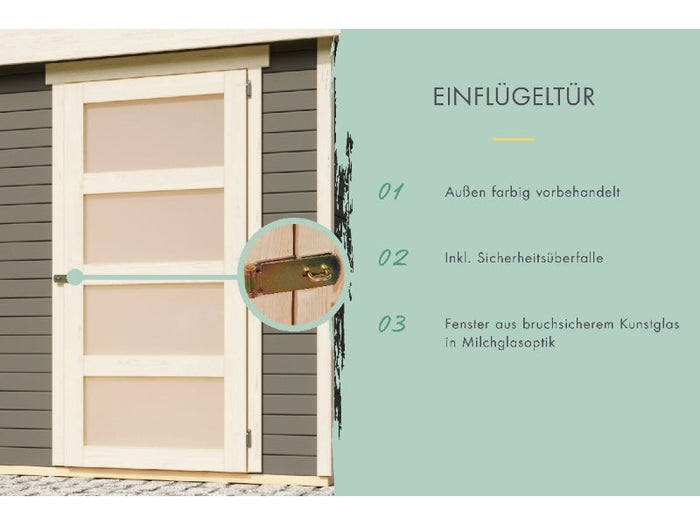 Karibu Gartenhaus Schwandorf 3 terragrau mit Anbaudach 2,4 m, Rückwand