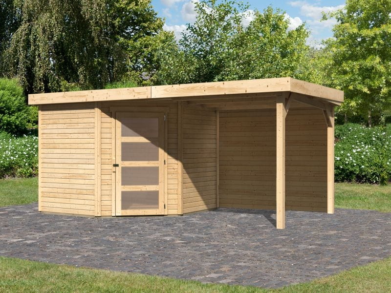 Karibu Gartenhaus Schwandorf 5 natur mit Anbaudach 2,40 m inkl. Rückwand