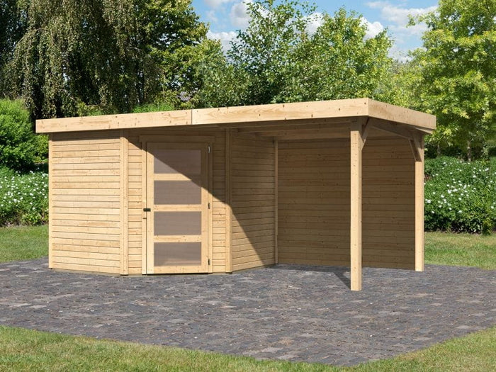 Karibu Gartenhaus Schwandorf 5 natur mit Anbaudach 2,40 m inkl. Rückwand