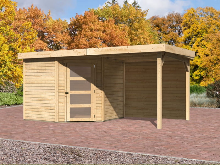 Karibu Gartenhaus Schwandorf 5 natur mit Anbaudach 2,40 m inkl. Rückwand