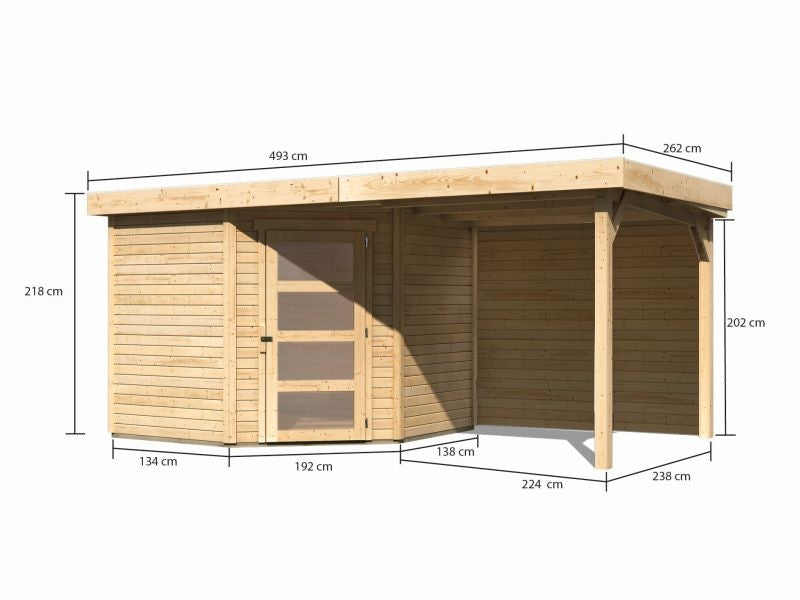 Karibu Gartenhaus Schwandorf 5 natur mit Anbaudach 2,40 m inkl. Rückwand