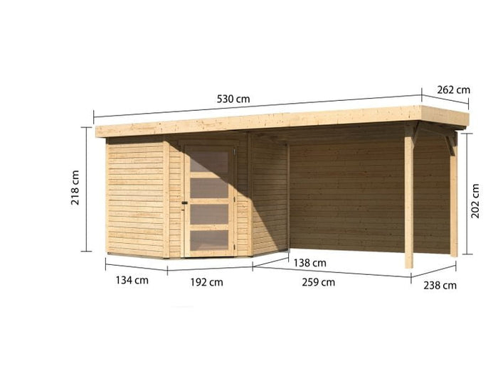 Karibu Gartenhaus Schwandorf 5 natur mit Anbaudach 2,8 m inkl. Rückwand
