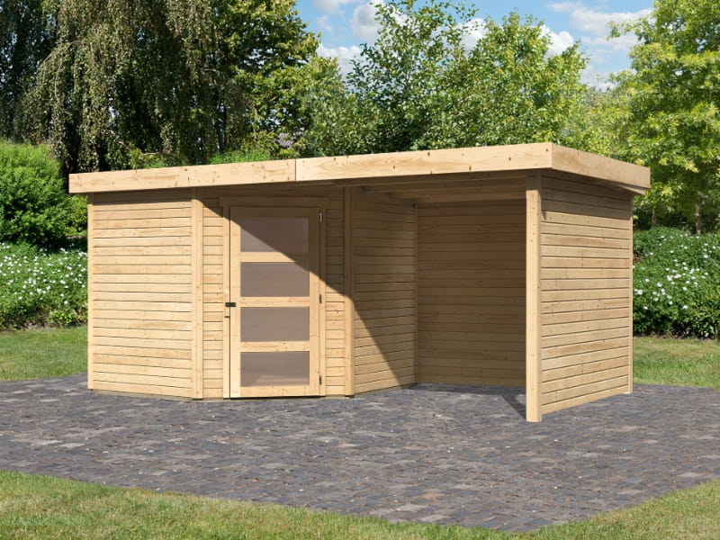 Karibu Gartenhaus Schwandorf 5 natur mit Anbaudach 2,25 Meter, Seiten- und Rückwand