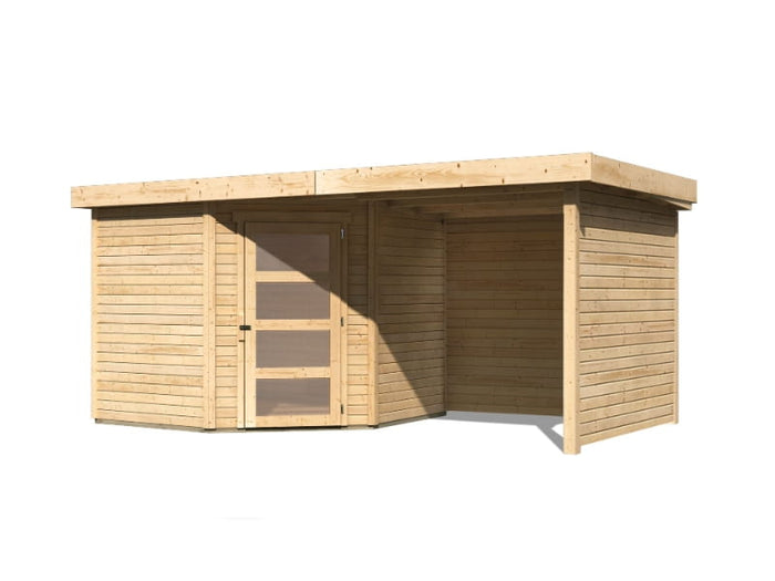 Karibu Gartenhaus Schwandorf 5 natur mit Anbaudach 2,25 Meter, Seiten- und Rückwand