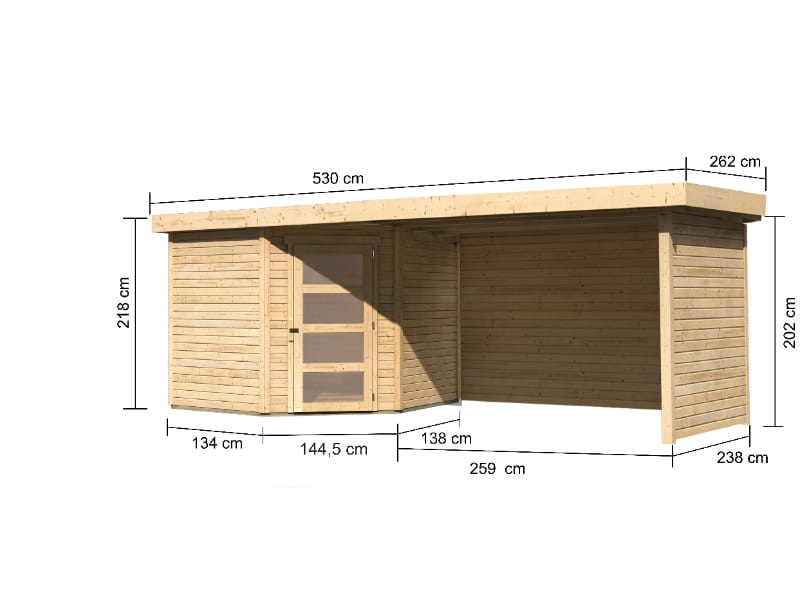 Karibu Gartenhaus Schwandorf 5 natur mit Anbaudach 2,75 Meter, Seiten- und Rückwand