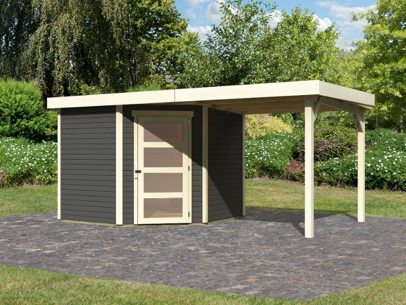 Karibu Gartenhaus Schwandorf 5 terragrau mit Anbaudach 2,25 Meter