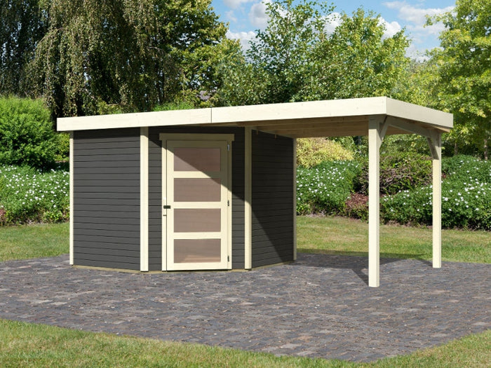 Karibu Gartenhaus Schwandorf 5 terragrau mit Anbaudach 2,25 Meter