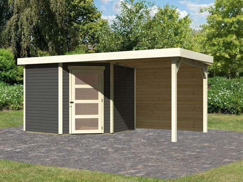 Karibu Gartenhaus Schwandorf 5 terragrau mit Anbaudach 2,40 m inkl. Rückwand