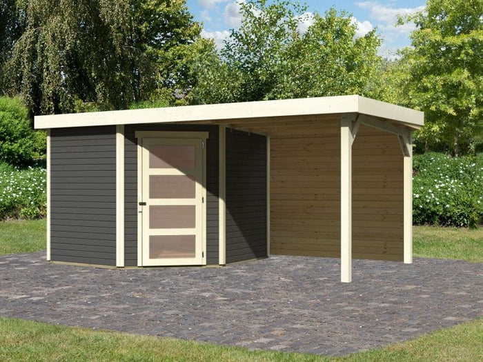 Karibu Gartenhaus Schwandorf 5 terragrau mit Anbaudach 2,40 m inkl. Rückwand