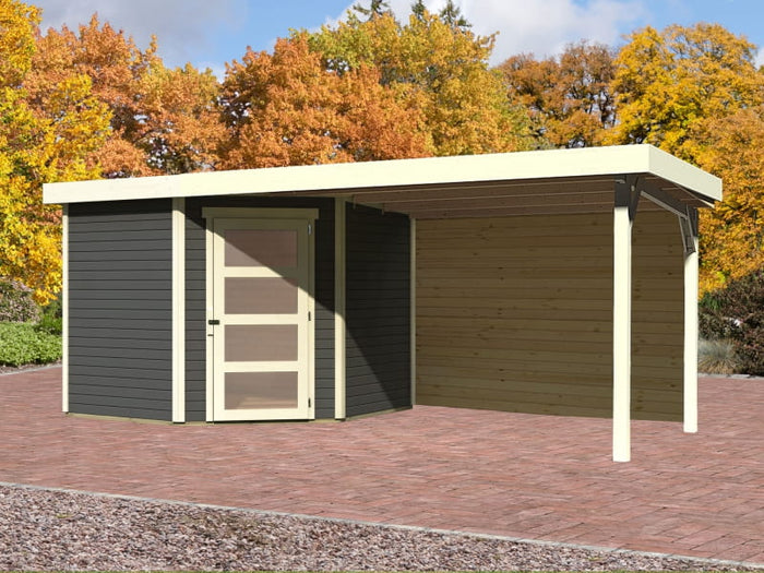 Karibu Gartenhaus Schwandorf 5 terragrau mit Anbaudach 2,40 m inkl. Rückwand