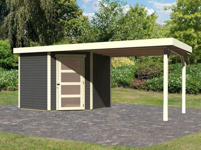 Karibu Gartenhaus Schwandorf 5 terragrau mit Anbaudach 2,8 m