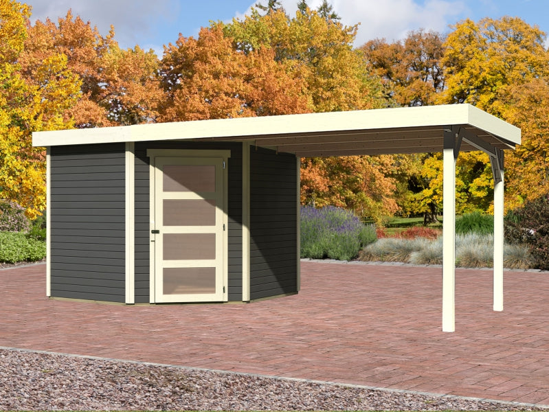 Karibu Gartenhaus Schwandorf 5 terragrau mit Anbaudach 2,8 m