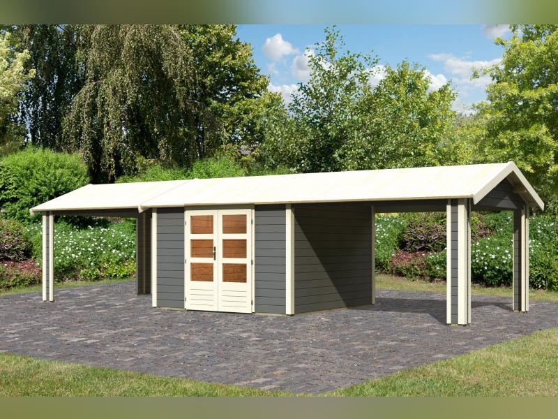 Karibu Gartenhaus Theres 7 terragrau- 2 Dachbausbauelemente