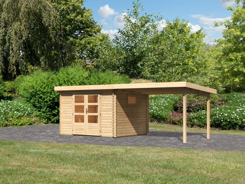 Karibu Gartenhaus Trittau 3 natur mit Anbaudach 3,3 m