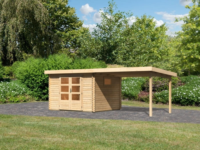 Karibu Gartenhaus Trittau 3 natur mit Anbaudach 3,3 m