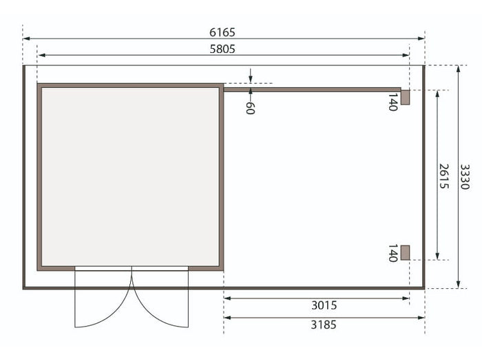Karibu Gartenhaus Trittau 3 natur mit Anbaudach 3,3 m inkl. Rückwand