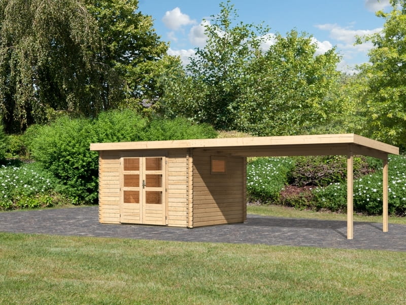 Karibu Gartenhaus Trittau 3 natur mit Anbaudach 4,4 m