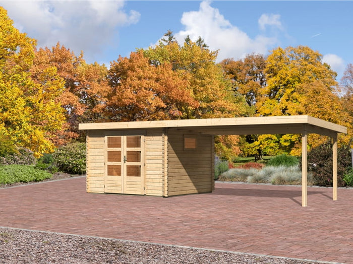 Karibu Gartenhaus Trittau 3 natur mit Anbaudach 4,4 m