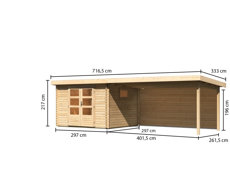 Karibu Gartenhaus Trittau 3 natur mit Anbaudach 4,4 m inkl. Rückwand