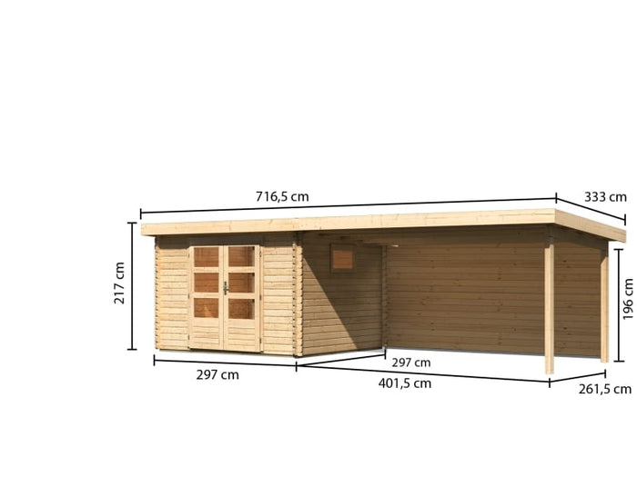 Karibu Gartenhaus Trittau 3 natur mit Anbaudach 4,4 m inkl. Rückwand