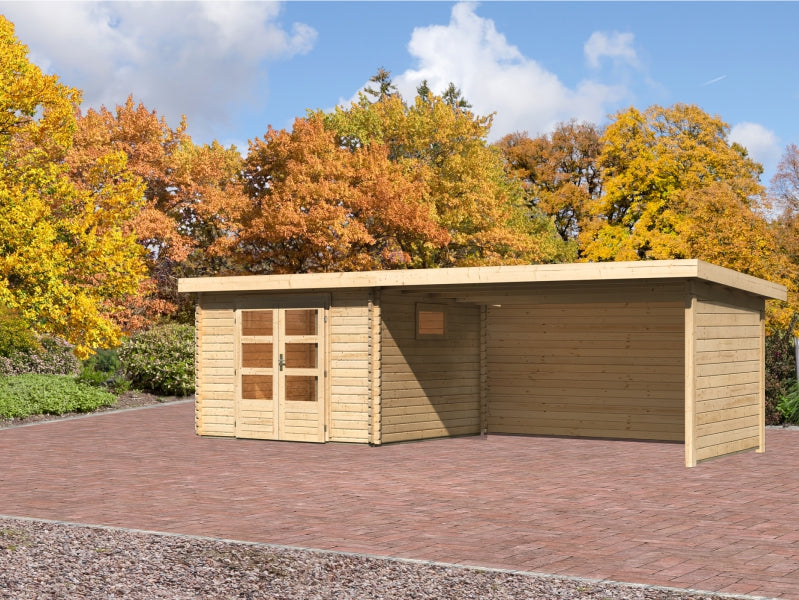 Karibu Gartenhaus Trittau 3 natur mit Anbaudach 4,4 m inkl. Rück- und Seitenwand