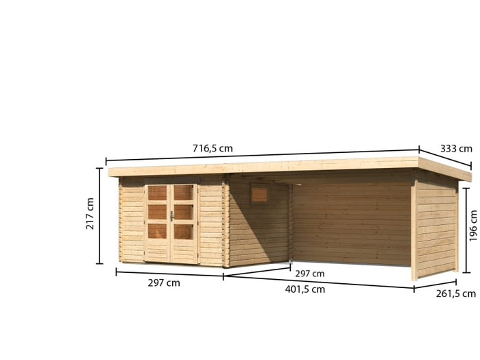 Karibu Gartenhaus Trittau 3 natur mit Anbaudach 4,4 m inkl. Rück- und Seitenwand