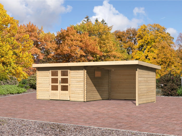 Karibu Gartenhaus Trittau 4 inkl. Anbaudach 3,3 m mit Rück- und Seitenwand