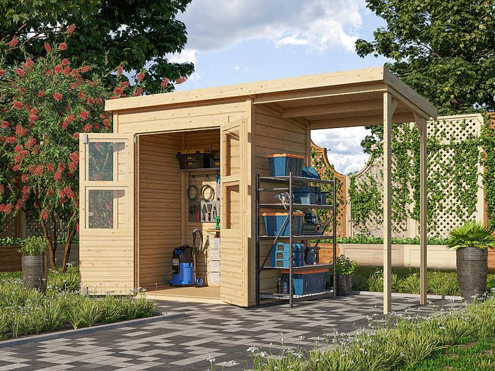 Karibu Gerätehaus Merseburg 2 SET mit Anbaudach