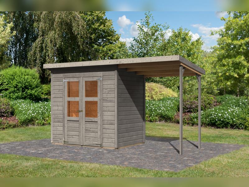 Karibu Gerätehaus Merseburg 3 SET mit Anbaudach, vorvergraut