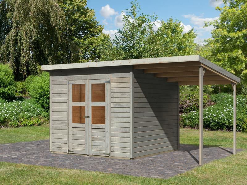 Karibu Gerätehaus Merseburg 6 SET mit Anbaudach, vorvergraut