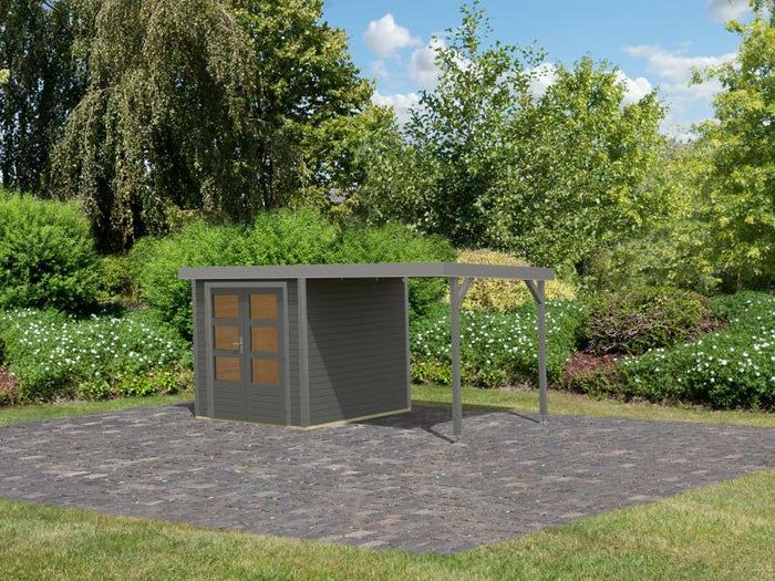 Karibu Hybrid Gartenhaus Jupiter 2 B terragrau/graualuminium, inkl. 2,40 m Anbaudach