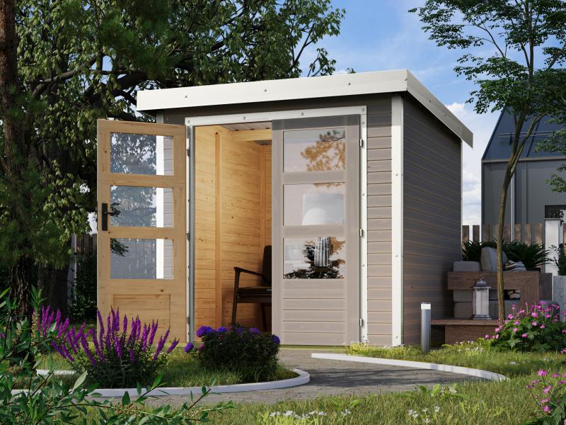 Karibu Hybrid Gartenhaus Jupiter 2 D wassergrau/weiß