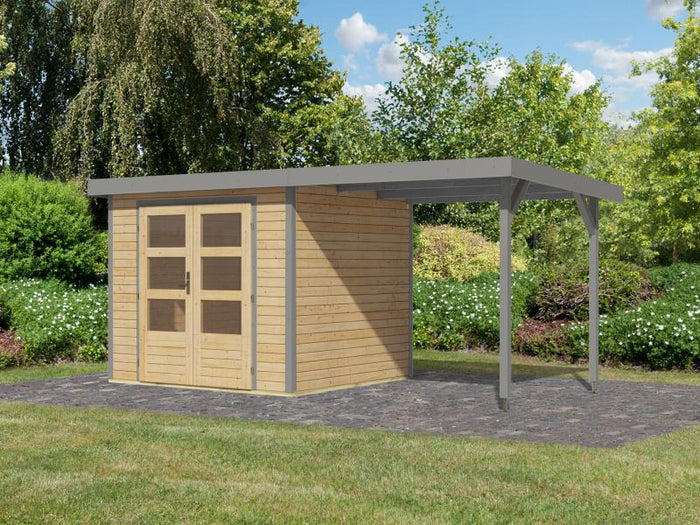 Karibu Hybrid Gartenhaus Jupiter 3 A naturbelassen/graualuminium inkl. 2,35 m Anbaudach