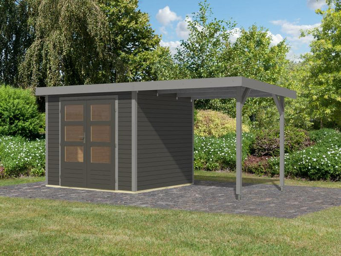 Karibu Hybrid Gartenhaus Jupiter 3 B terragrau/graualuminium inkl. 2,35 m Anbaudach