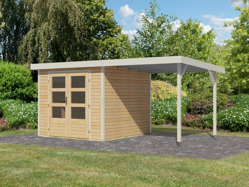 Karibu Hybrid Gartenhaus Jupiter 3,5 A naturbelassen/weiß, inkl. 2,35 m Anbaudach